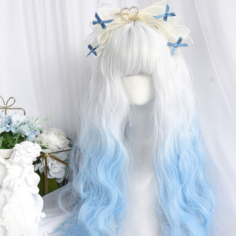 Gradient Blue Long Straight Curly Wig With Bangs