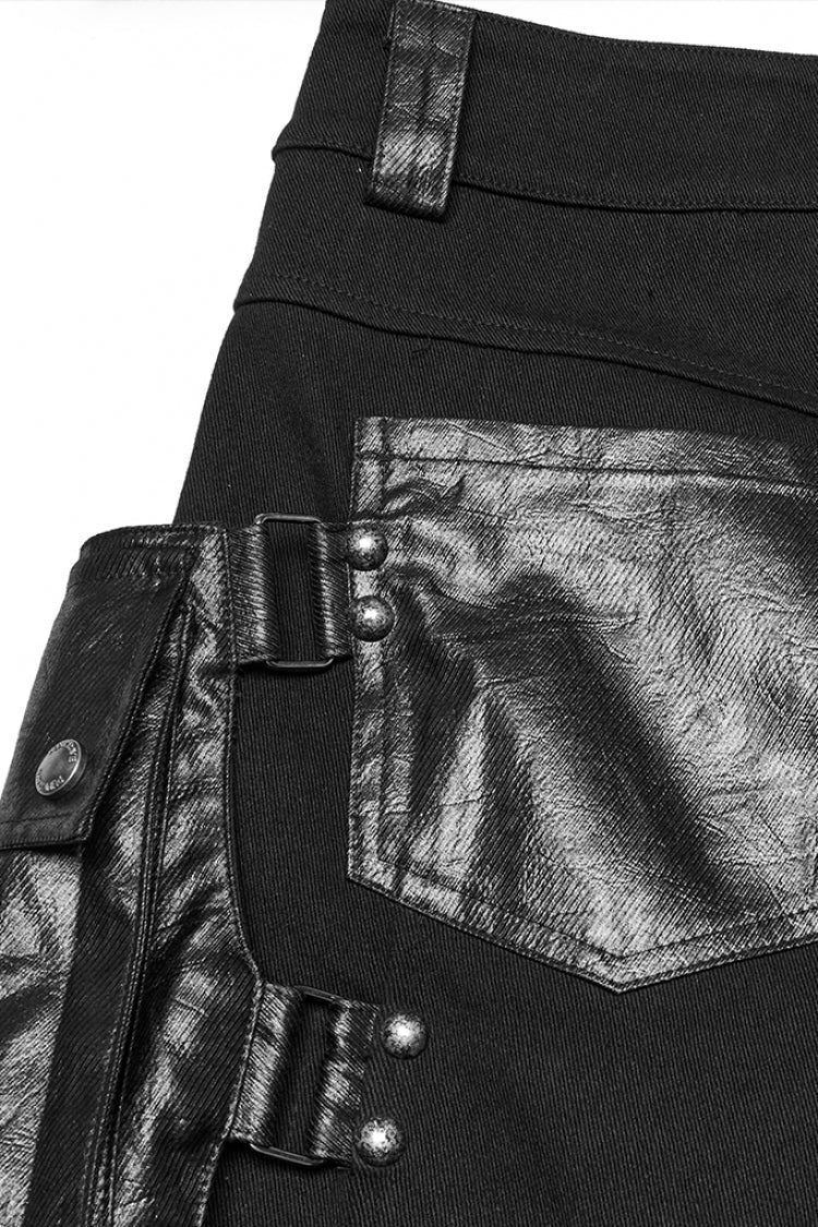 Men's Punk Shorts with Faux Leather Trim & Oversized Pockets