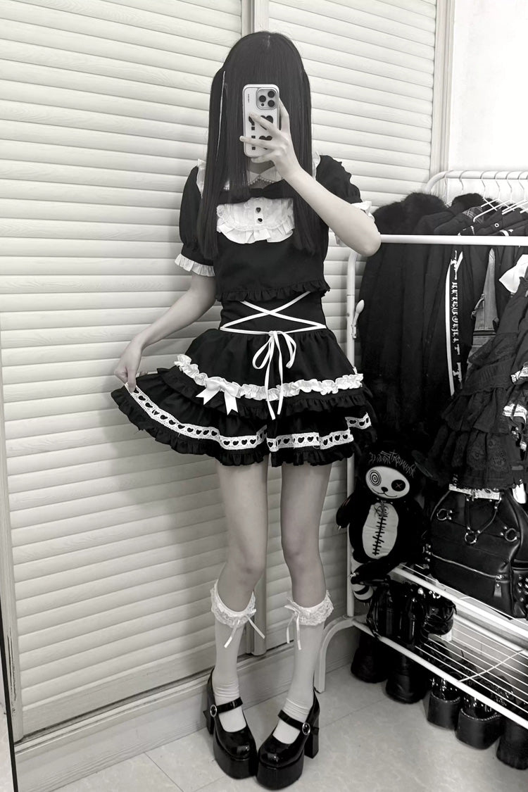 Double-Layered Skirt Set with Doll Collar and Bow Accents