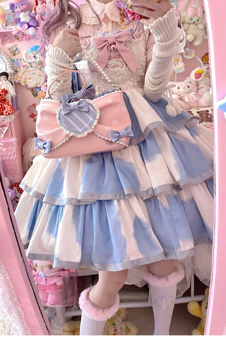 Blue Sleeveless Triple Layer Cow Print Ruffle Bow Sweet Jsk
