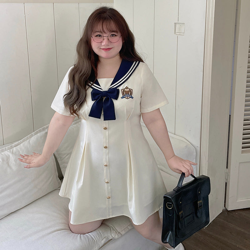 Sweet Plus-size Navy Neck Embroidery Dress Set MK Kawaii Store