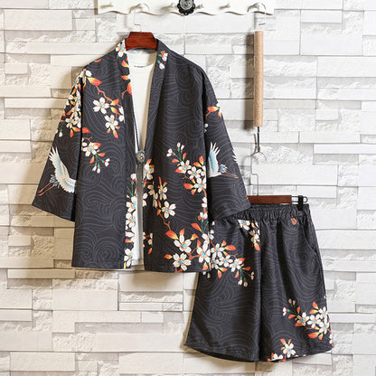 Floral Crane Sun Cardigan Kimono Outerwear Shorts Set