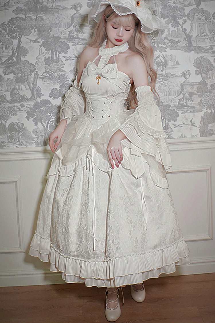 Solid Halterneck Ruffled Bowknot Drawstring Gothic Lolita Dress