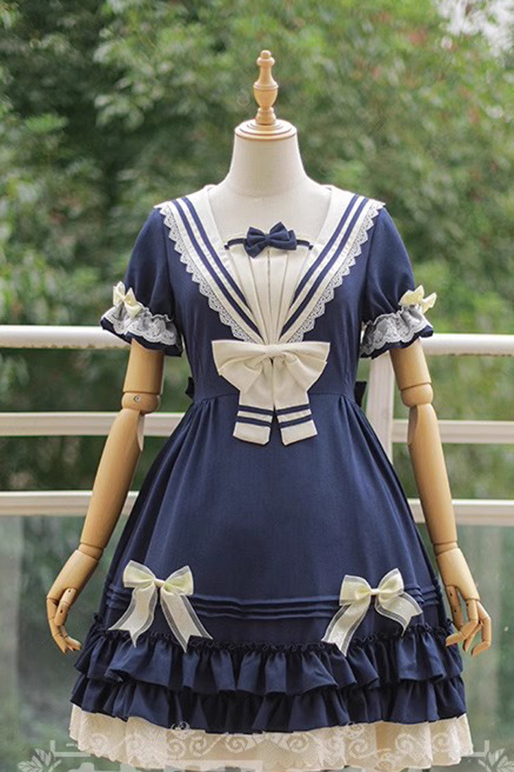 Rhine River Navy Style Short-Sleeved Bowknot Sweet Dress
