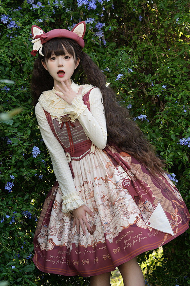 Wine Red Fox Print Square Collar Bowknot Classic Lolita Jumper