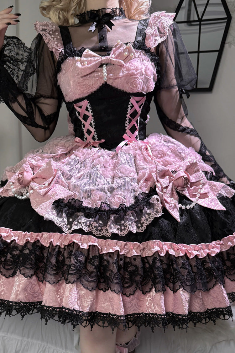 Ebony Rose Sleeveless Ruffle Bow Lace Corset Ballet Jumper Dress - Rose Princess