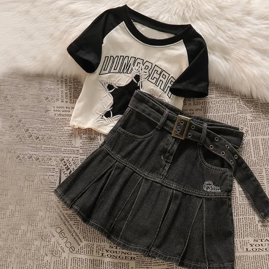 Star Letter Crop Top T-Shirt Belted Denim Skirt