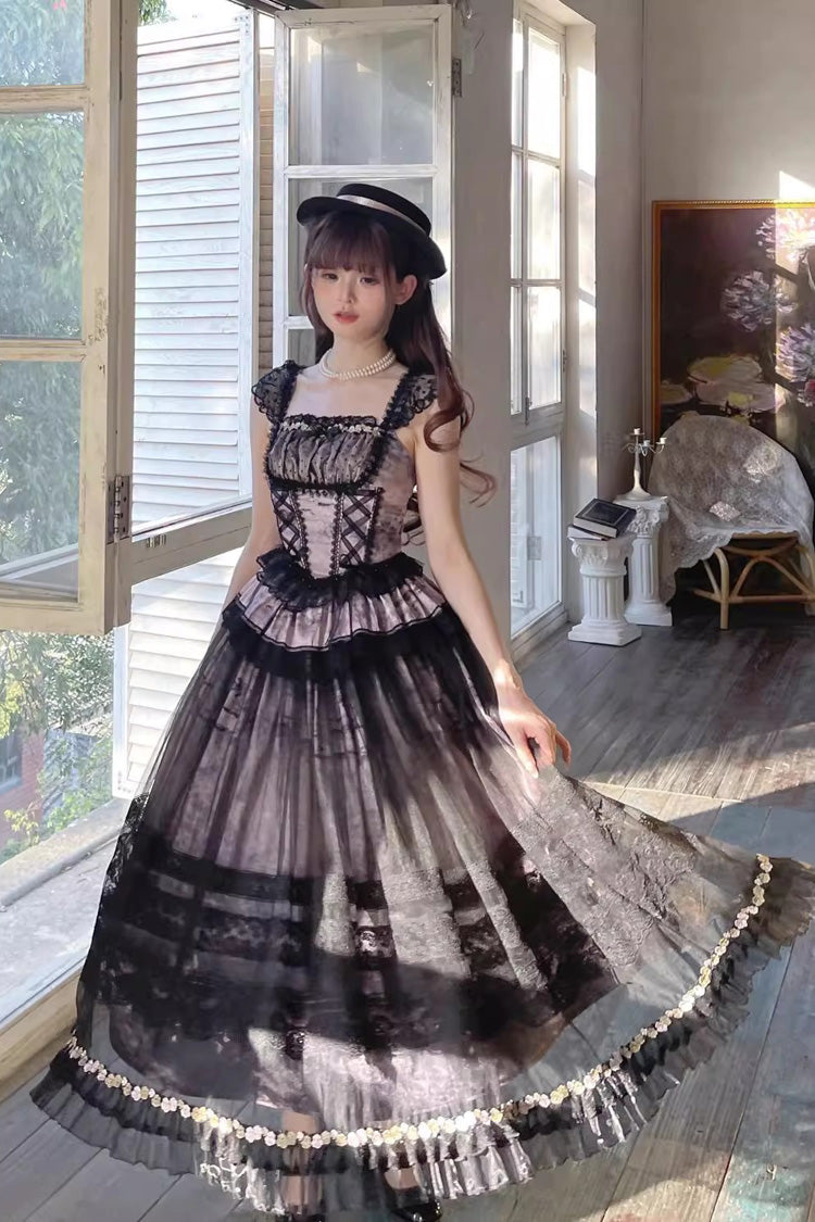 Sweet Lolita JSK Dress with Ruffle Bowknot, Lace-Up, Grey/Pink Mist Vineyard