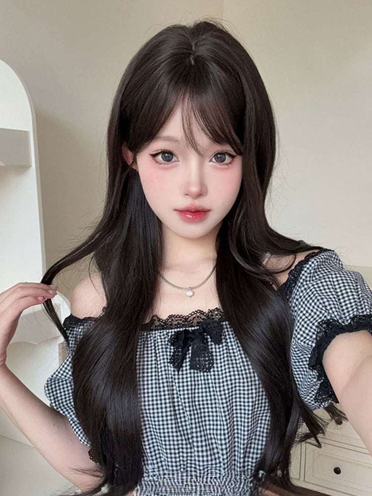 Wig Curtain 73CM Length With Bangs Wavy Tea Black