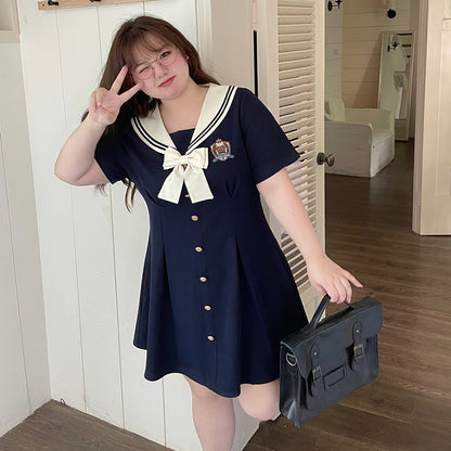 Sweet Plus-size Navy Neck Embroidery Dress Set MK Kawaii Store