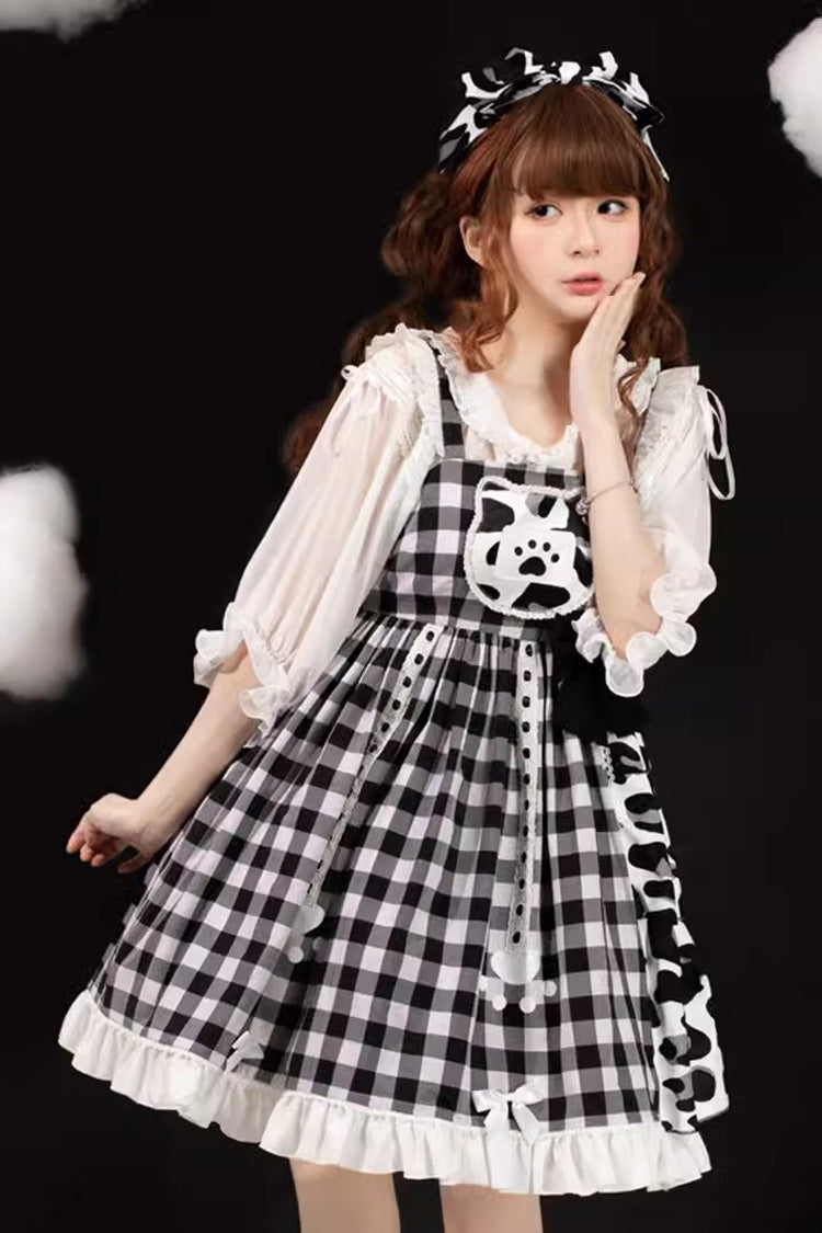 Monochrome Sweet JSK with Plaid, Cow Print, Bow, and Cat Claw Motifs