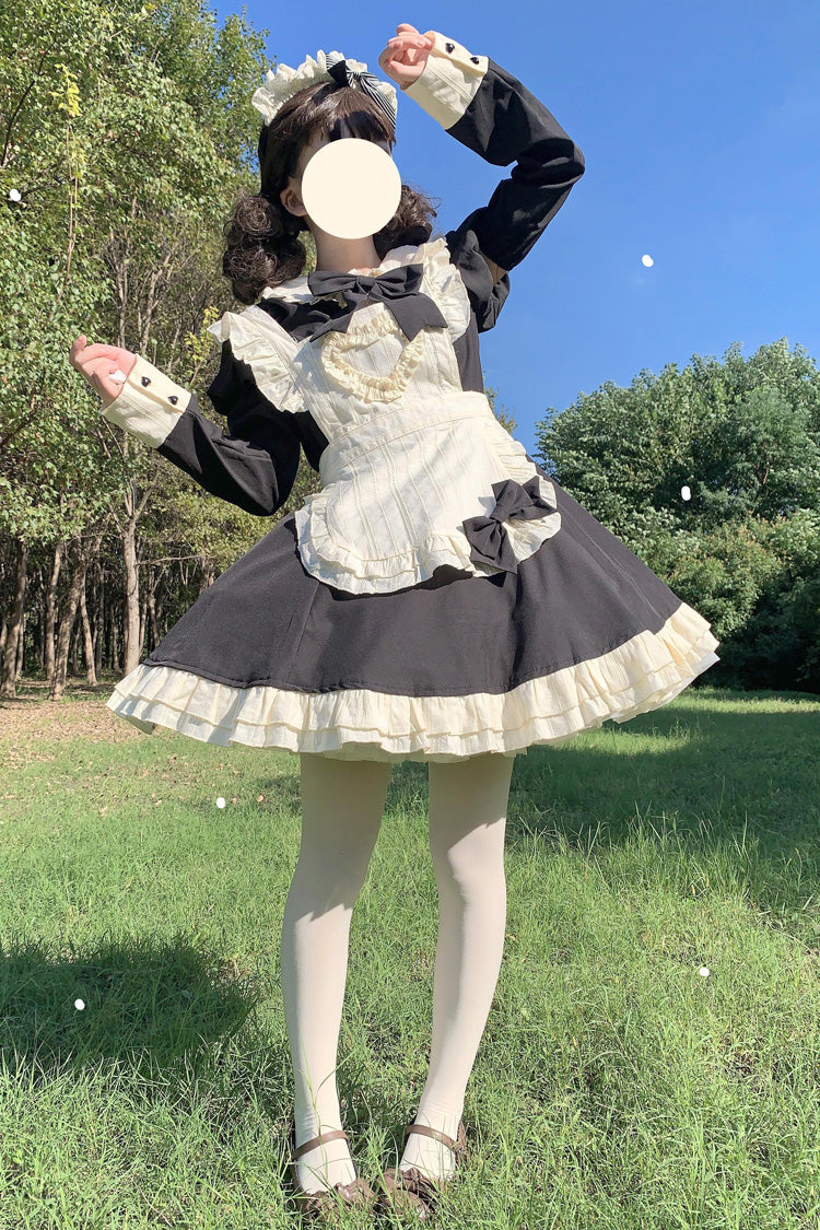 Black/White Maid Long Sleeve Bow Accent Sweet Short Lolita Dress