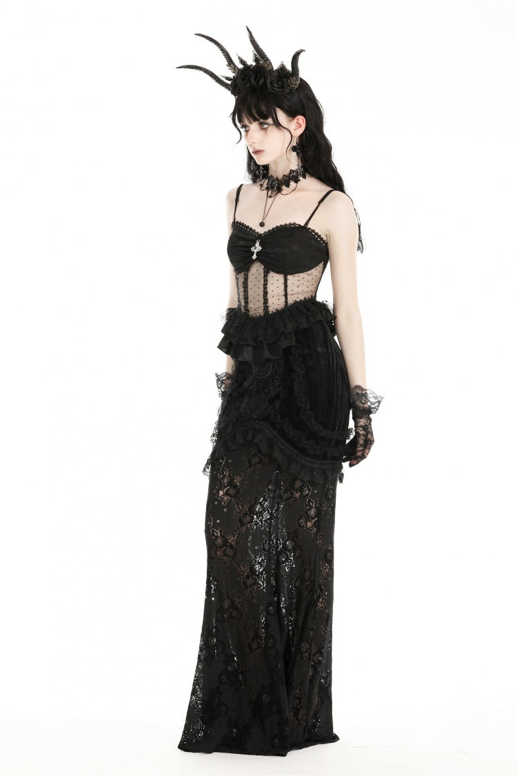 Obsidian Double-Layered Lace Ruffle Top with Spaghetti Straps - Gothic Sheer