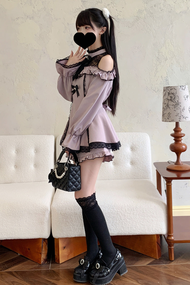 Sweet Off Shoulder Halterneck Long Sleeve Ruffled Bow Lace Jirai Kei Dress Shorts Set
