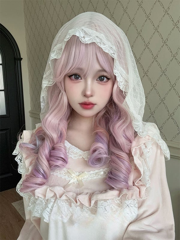 Macaroon Color Pink Purple Long Wavy Synthetic Wig With Bangs