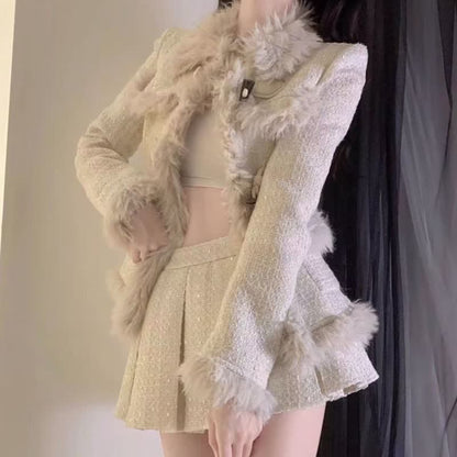 Chic Fuzzy Lapel Coat Pleated Mini Skirt Two Pieces Set