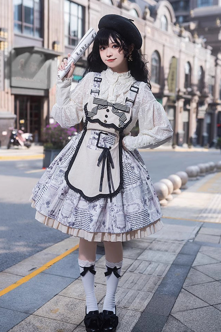 White Classic Lolita Strap Dress with Vintage Berlin Print and Apron