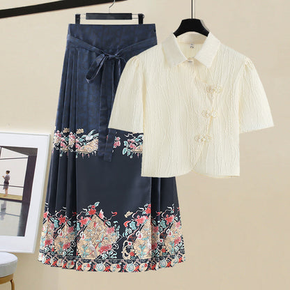 Graceful Hanfu Buckle T-Shirt Lace Up Graghic Print Pleated Skirt