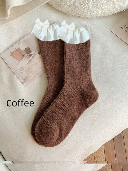 Coffee Sweet Bowknot Ruffled Cuff Calf Socks