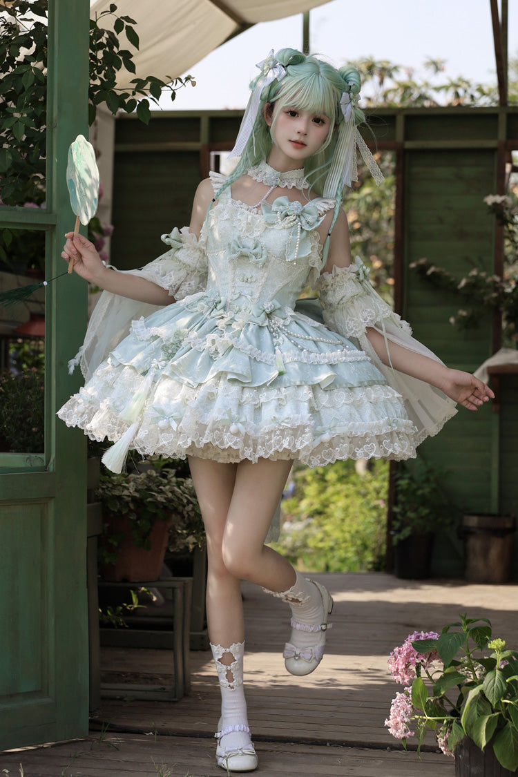Green [Prelude of Spring Cherry] Square Collar Sleeveless Multi-Layered Jacquard Ruffled Bow Lace Pearl-Decorated Sweet Lolita Jsk Dress