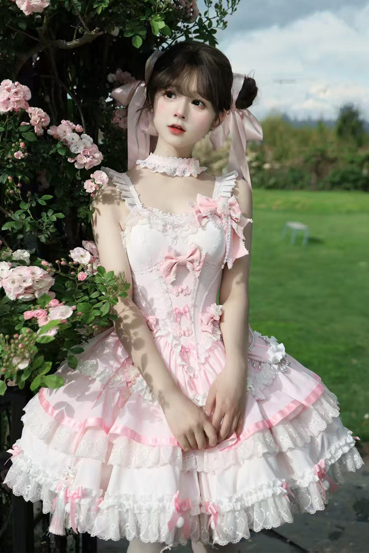Pink [Prelude of Spring Cherry] Square Collar Sleeveless Multi-Layered Jacquard Ruffled Bow Lace Pearl-Decorated Sweet Lolita Jsk Dress