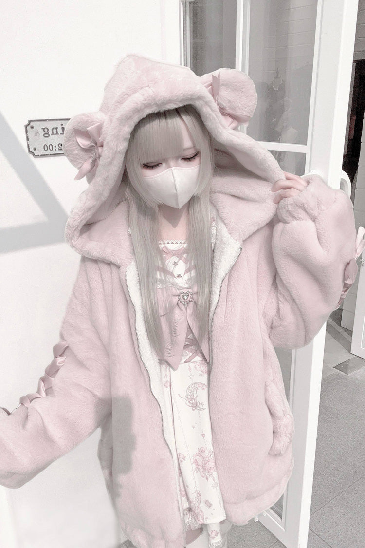 Bear Ears Long Sleeves Bow Lace-Up Hooded Zippered Sweet Jirai Kei Coat