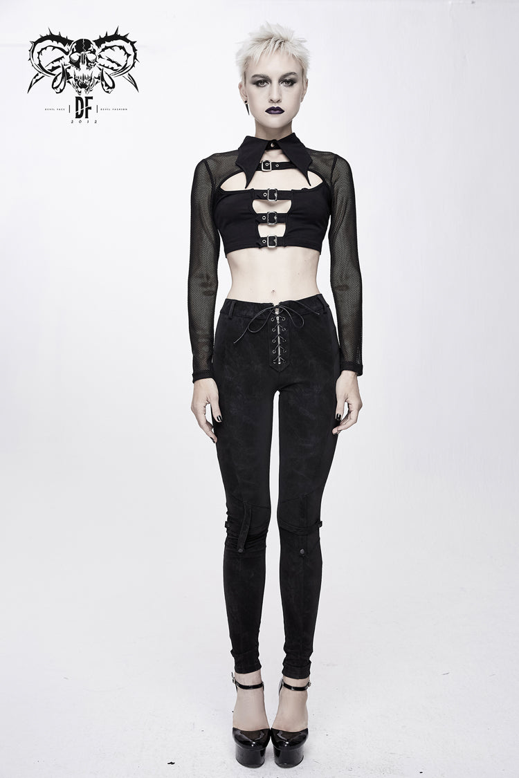 Punk T-Shirt with Bat Collar, Mesh Splice, Long Sleeves and Chest Clasp
