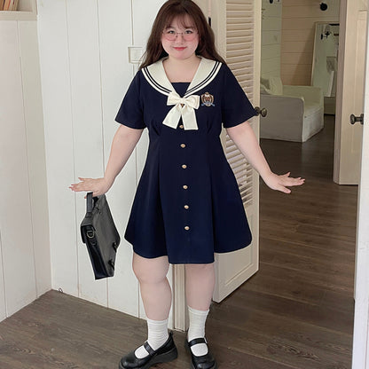 Sweet Plus-size Navy Neck Embroidery Dress Set MK Kawaii Store