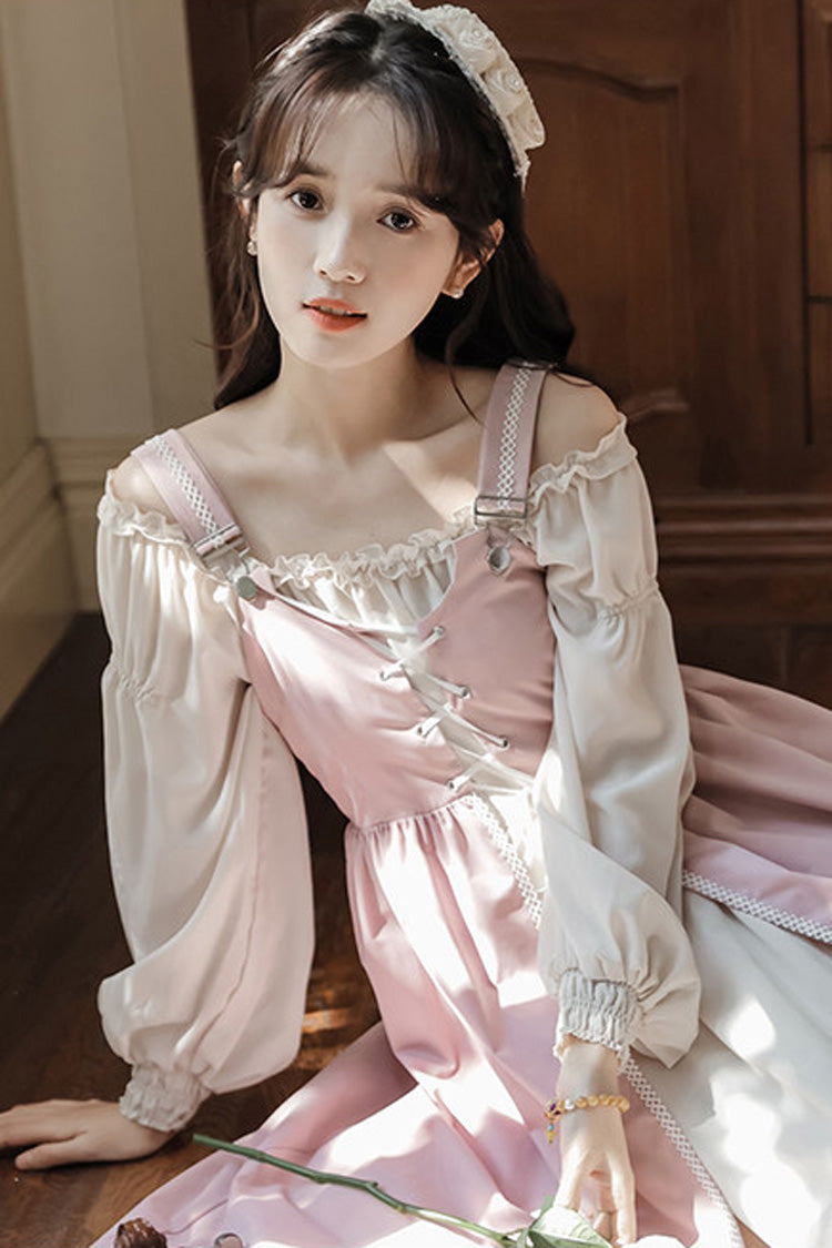 Square Collar Lolita Two-Piece with Lace-Up & Ruffled Details