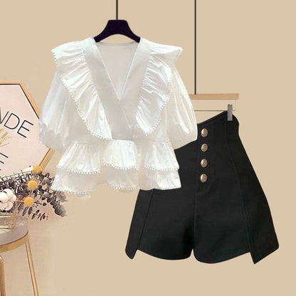 Elegant V-neck Flouncing Shirt High Waist Shorts