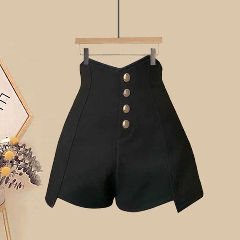 Elegant V-neck Flouncing Shirt High Waist Shorts - Black