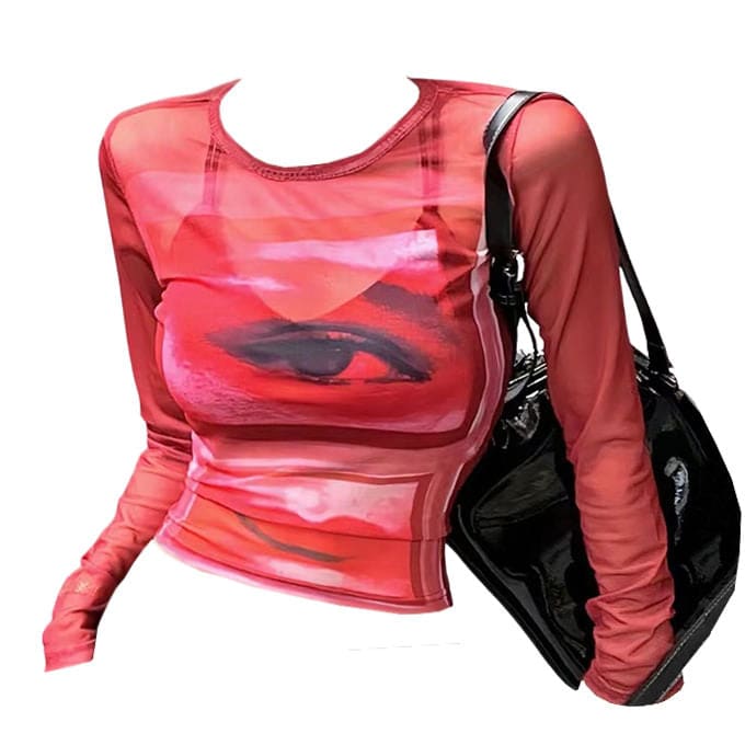 Eye and Lips Print Mesh Red Top - S / Red - Tops