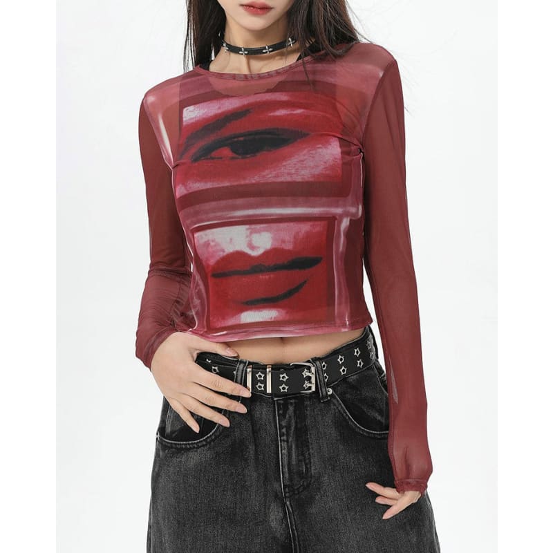 Eye and Lips Print Mesh Red Top - Tops