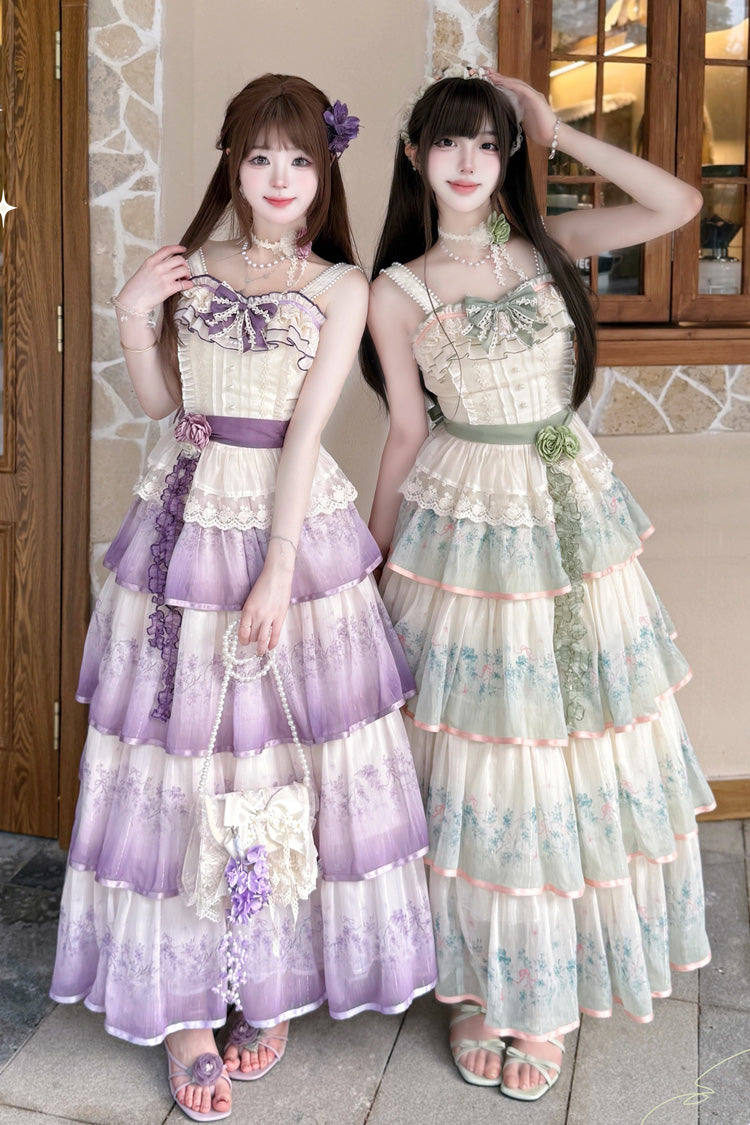 Green Gradient Ruffle Sweet Lolita Dress Set with Lace