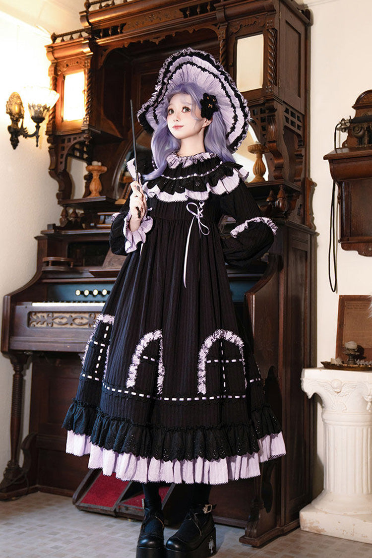 Noir Round Collar Long Sleeve Double Ruffle Lace-Up Dress - Twin Lilian