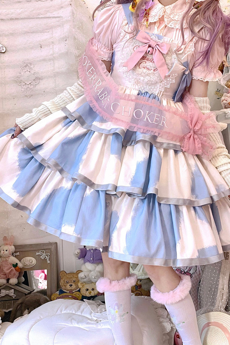 Blue Sleeveless Triple Layer Cow Print Ruffle Bow Sweet Jsk
