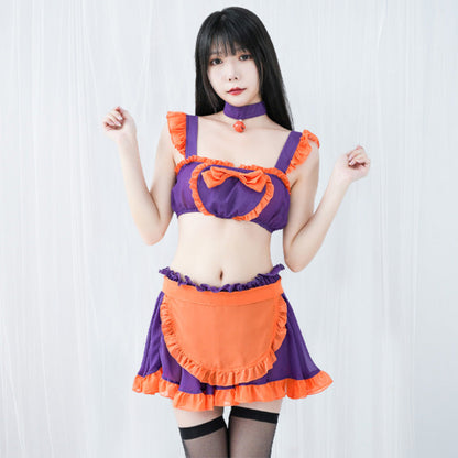 Pumpkin Bell Bow Decor Chiffon Maid Lingerie Set