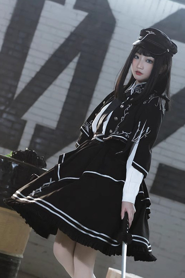 Gothic Military Lolita Skirt with Thorn Print & Ruffle Trim