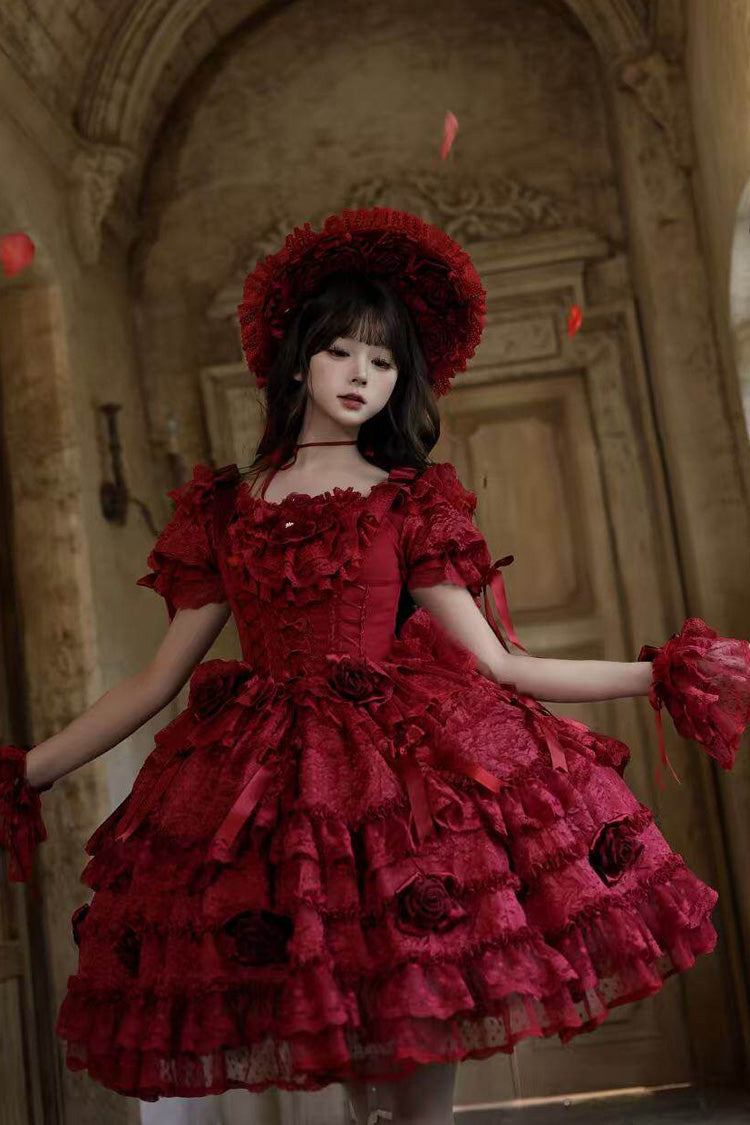 Crimson Rose Manor Square Neck Short Sleeve Ruffled Bow Lace Classic Lolita Gown