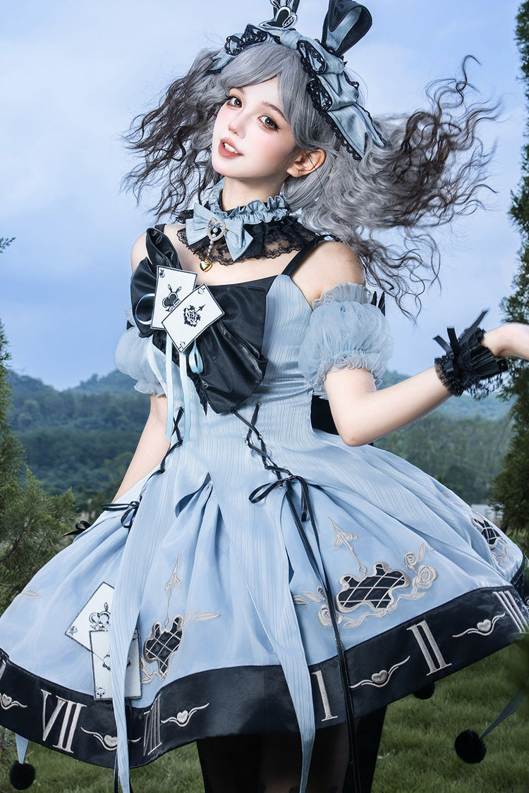 Clock Rabbit Card Game Sleeveless Jacquard Ruffle Embroidered Bow Gothic Jumper Dress