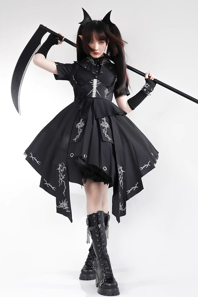 Nocturnal Rose Print Short-Sleeve Elegant Gothic JSK Dress