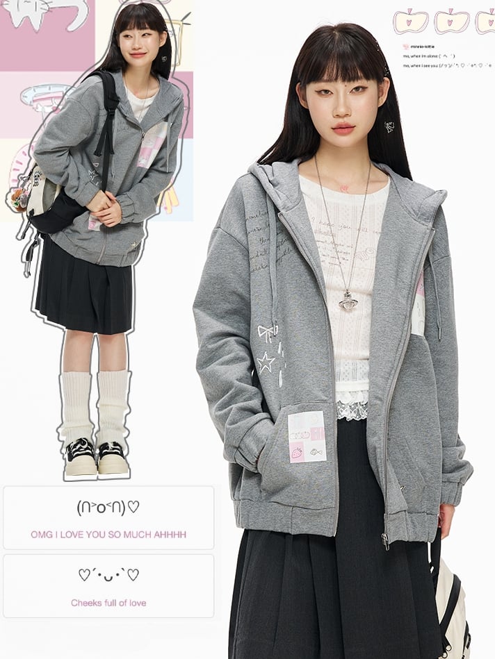 Grey Cartoon Print Zip Hoodie