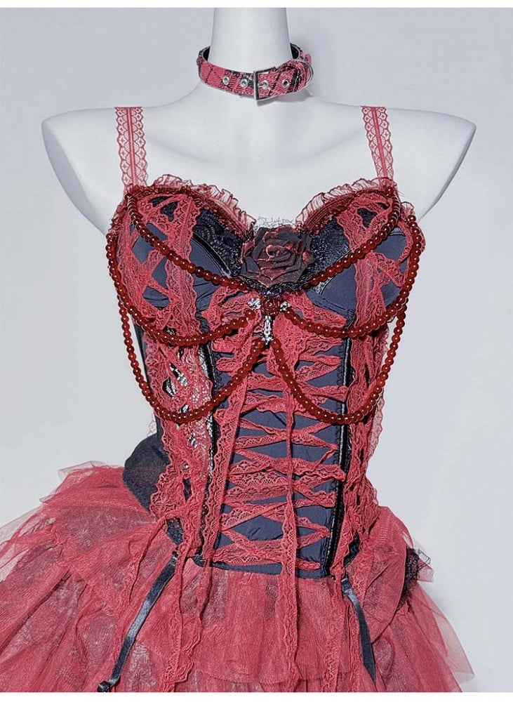 Gothic Red Black Lace Trim Corset Cami Top