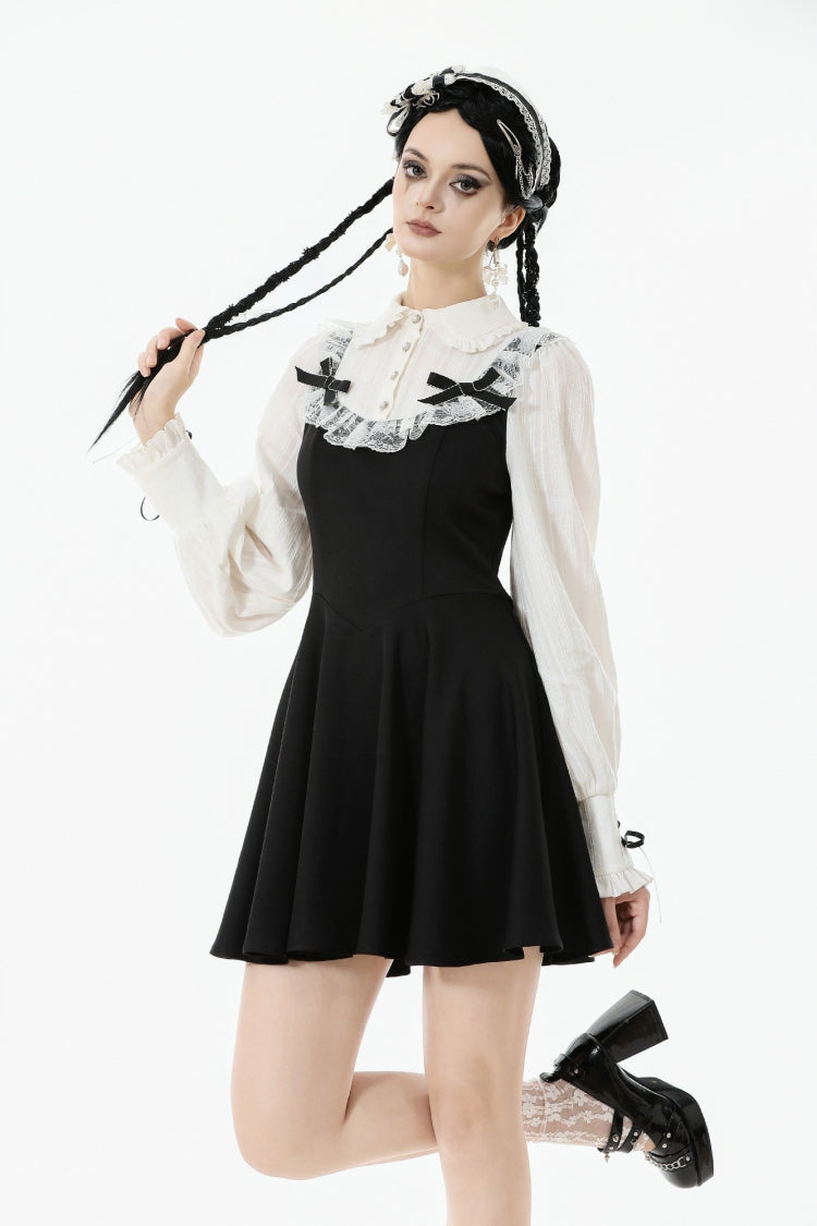 Black/White Faux Two-Piece Doll Collar Long Sleeves Lace-Up Women's Lolita Gothic Graduation Dress