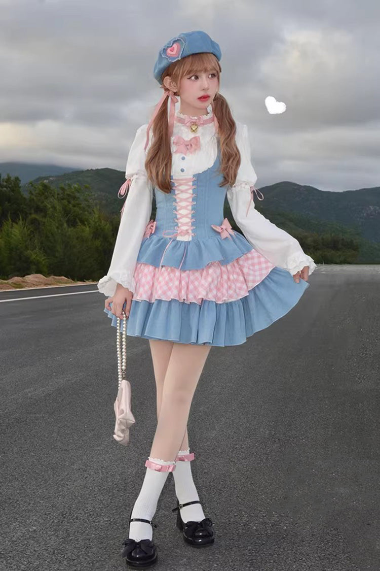 Blue Pink Rock Ballet Printed Triple-Layered Ruffled Bow Lace-Up Sweet Jsk Dress