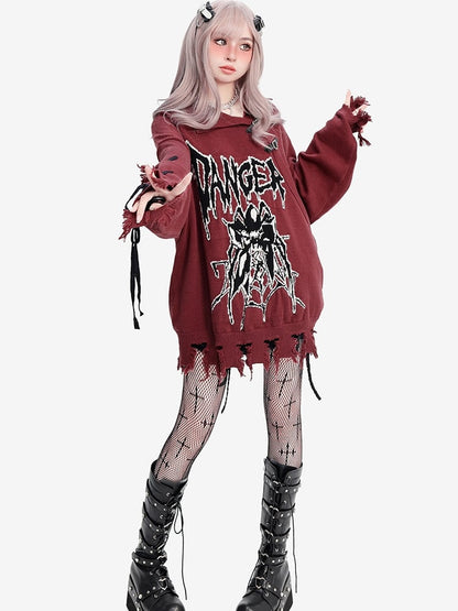 Y2K Dark Red Spider Distress Trim Loose Sweater Lace-up Sleeves