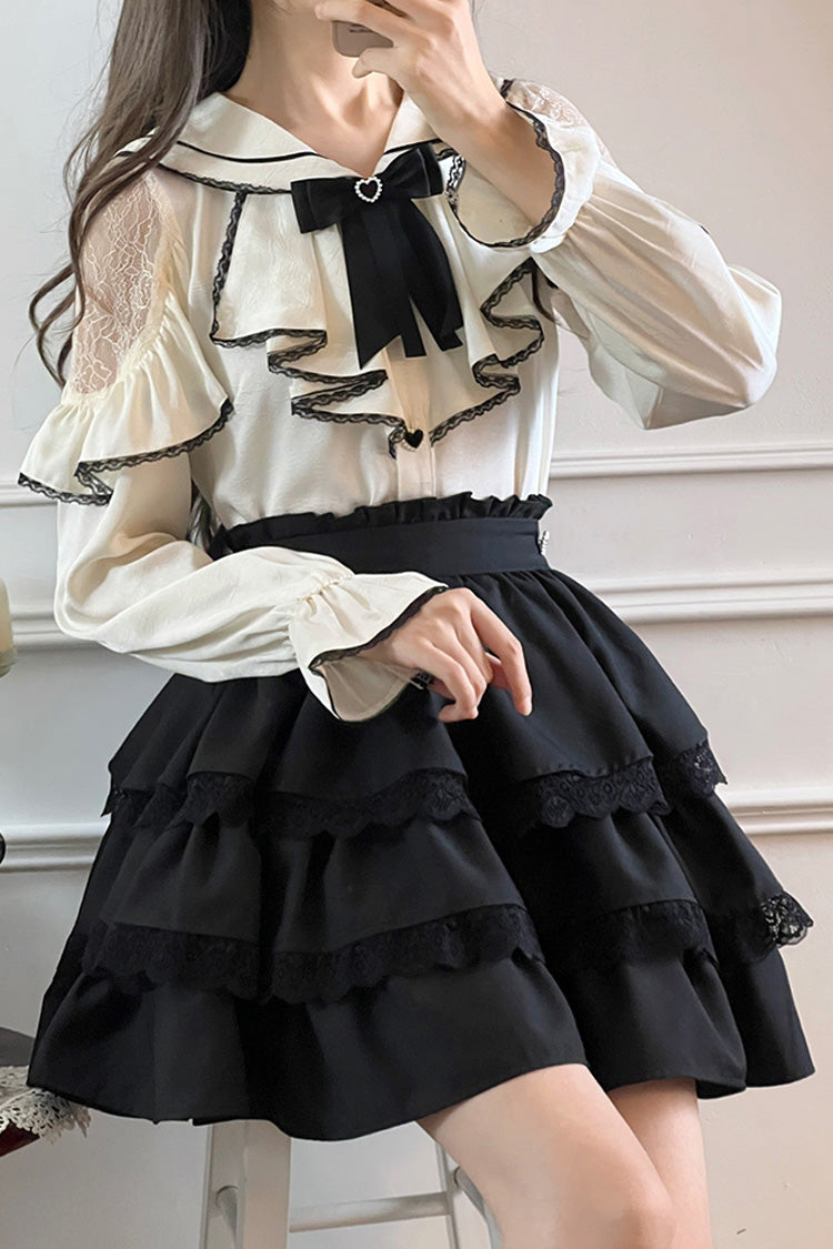 Monochrome Sailor-Collar Jirai Kei Skirt Set with Multi-Layered Ruffles and Bow