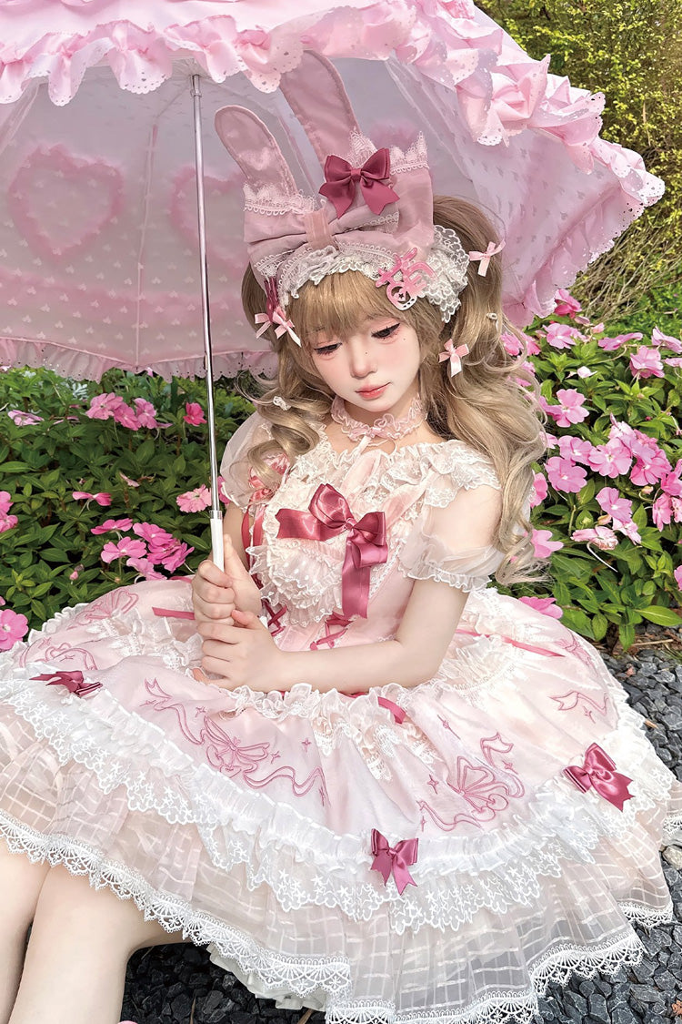 Blush Flutter-Sleeve Embroidered Square Neck Ruffled Lolita JSK - Sweetheart Bunny