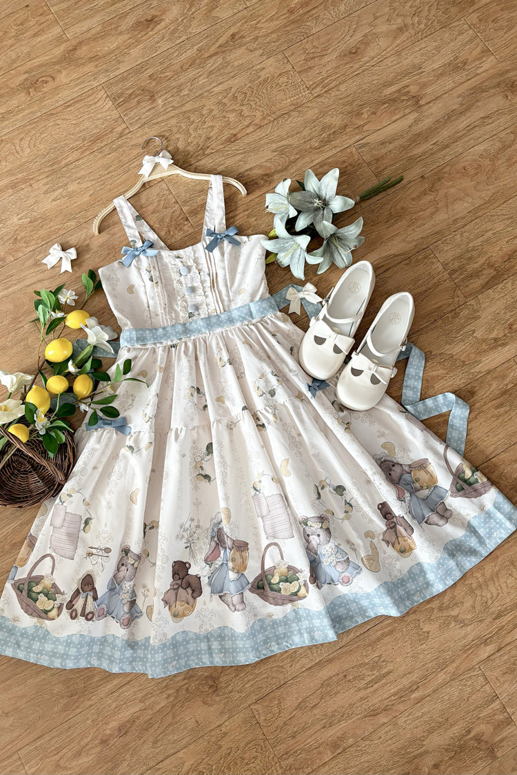 Ivory [Midsummer Bunny Bear] Printed Ruffled Bow Sweet Lolita Dress 2 Versions