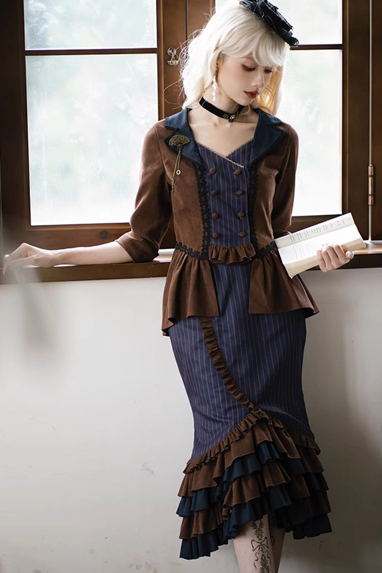 Time Traveler Long-Sleeve Multi-Layer Print Punk Mermaid Skirt Set